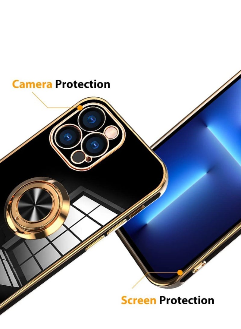 Compatible with iPhone 14 Pro Case with Screen Protector Plating Built-in 360 Rotation Magnetic Ring Kickstand Holder Soft Slim Edges Shockproof Bumper Protective Cover (Black)