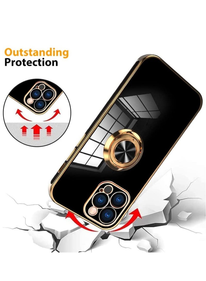 Compatible with iPhone 14 Pro Case with Screen Protector Plating Built-in 360 Rotation Magnetic Ring Kickstand Holder Soft Slim Edges Shockproof Bumper Protective Cover (Black)