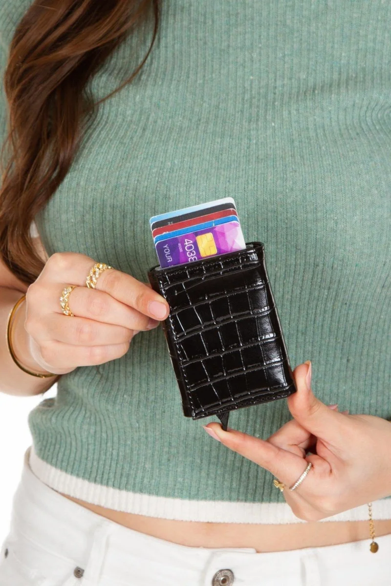 Newish Polo Newishpolo Crocodile Printed Automatic Card Holder Wallet Black