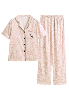 Generic Women's Nightwear Leopard Print Milk Silk Pajama Set, Short Sleeve Button-Down Top with V Monogram, Long Pants, Pink and Beige  - Image 1