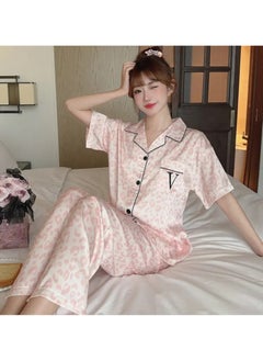 Generic Women's Nightwear Leopard Print Milk Silk Pajama Set, Short Sleeve Button-Down Top with V Monogram, Long Pants, Pink and Beige  - Image 2