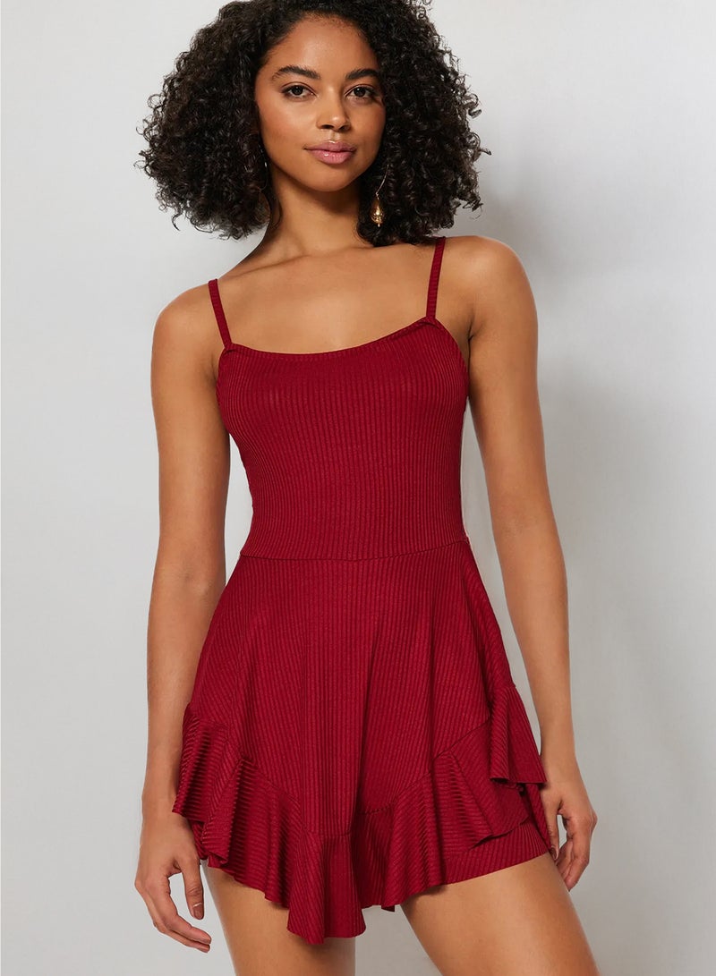trendyol Mini Knitted Jumpsuit with Red Straps and Flounces Shorts TWOSS23TU00044 - Image 1