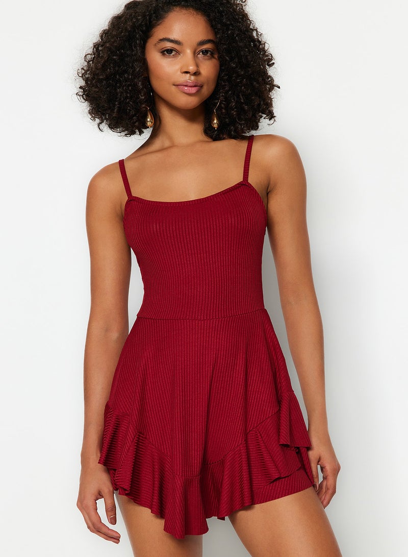 trendyol Mini Knitted Jumpsuit with Red Straps and Flounces Shorts TWOSS23TU00044 - Image 2