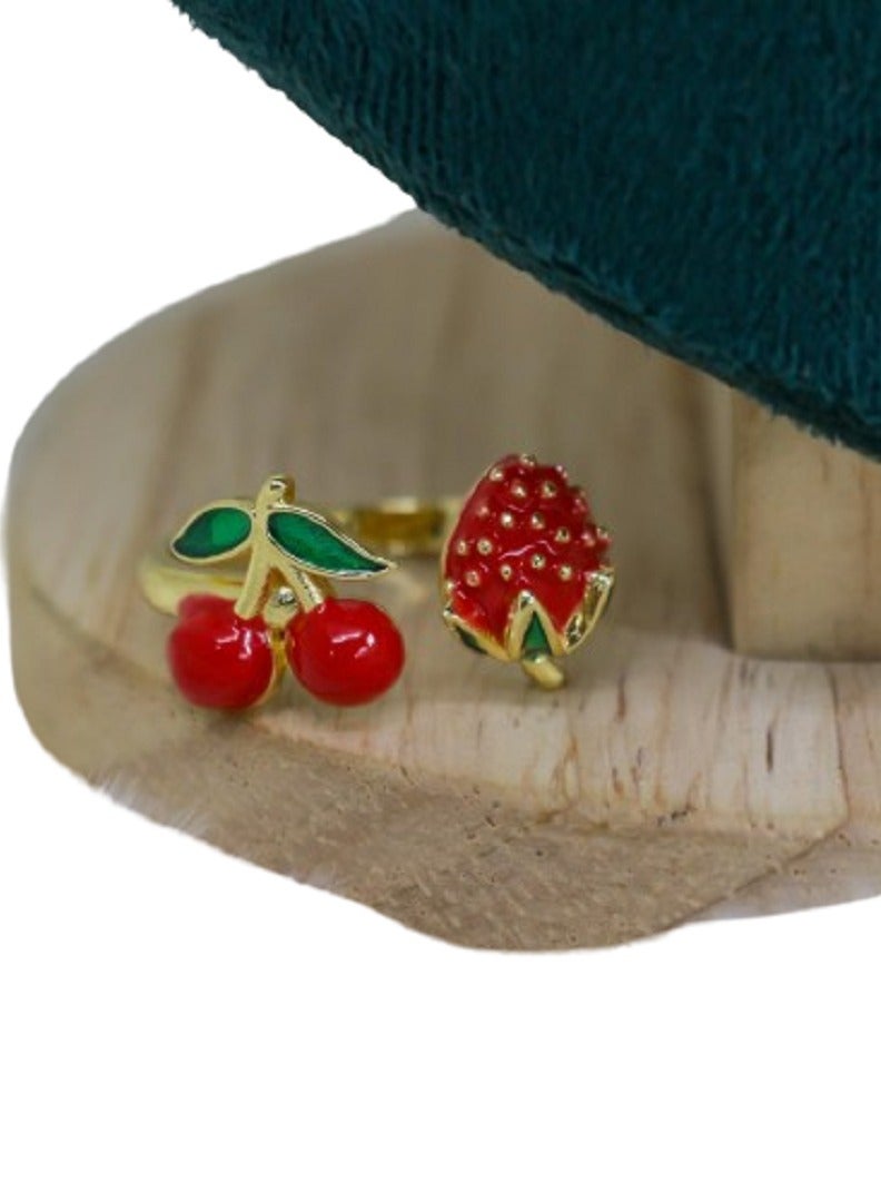 Cherry and Strawberry Ring, Gold-Toned Enamel, Red and Green