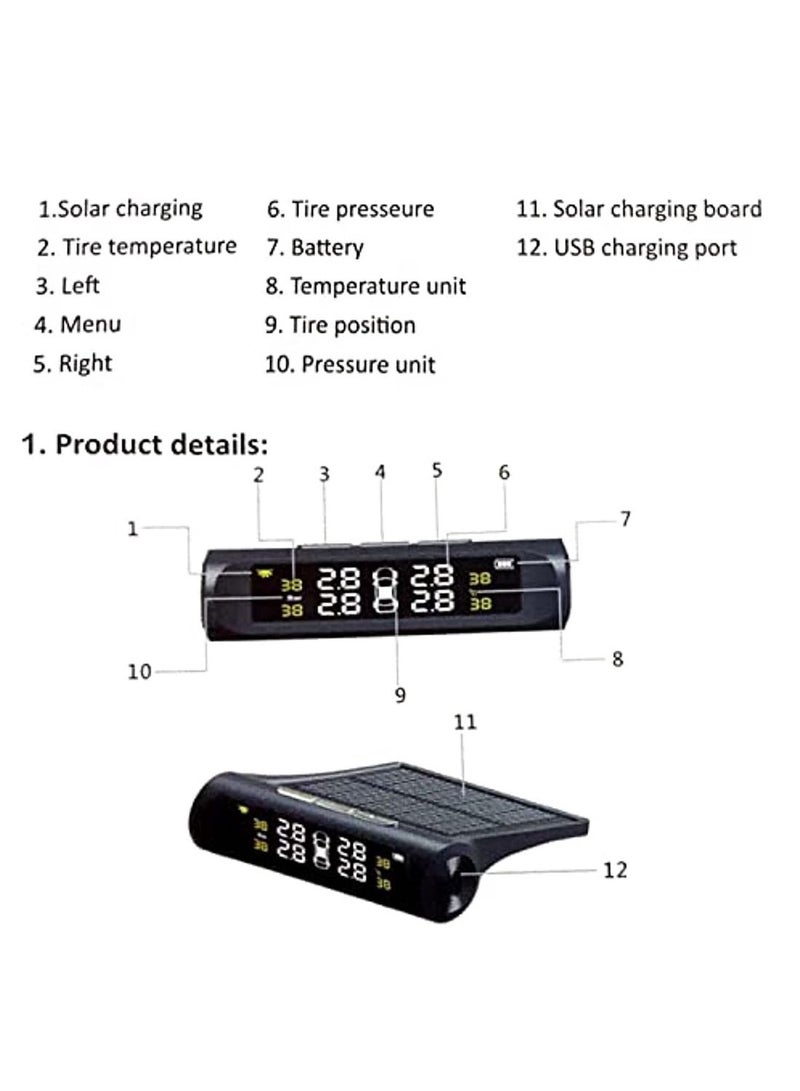 Wireless Solar Power Tire Pressure Monitoring Systems With 4 External Sensors Real Time Pressure And Temperature Alarm Auto Safety Monitor For Truck RV Trailer Car - Image 5