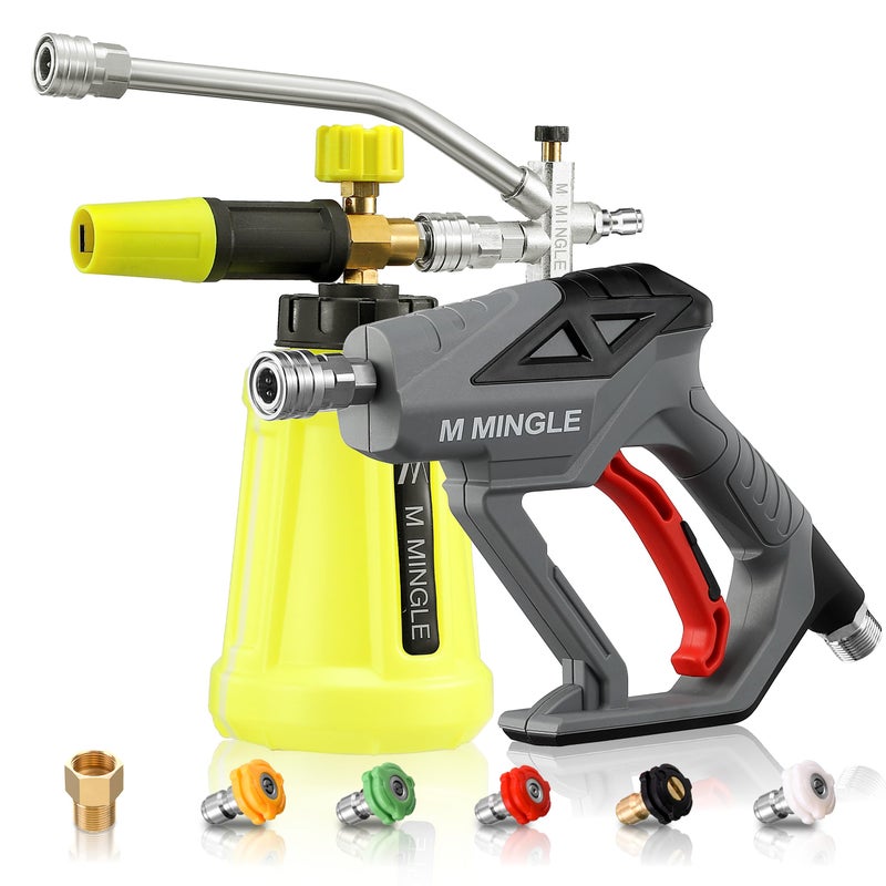 M MINGLE High Pressure Washer Gun with Foam Cannon, Foam Cannon Dual Connector Accessory, Car Wash Foam Gun Kit 1/4 Inch Quick Connector, 5 Pressure Washer Nozzle Tips - Image 1