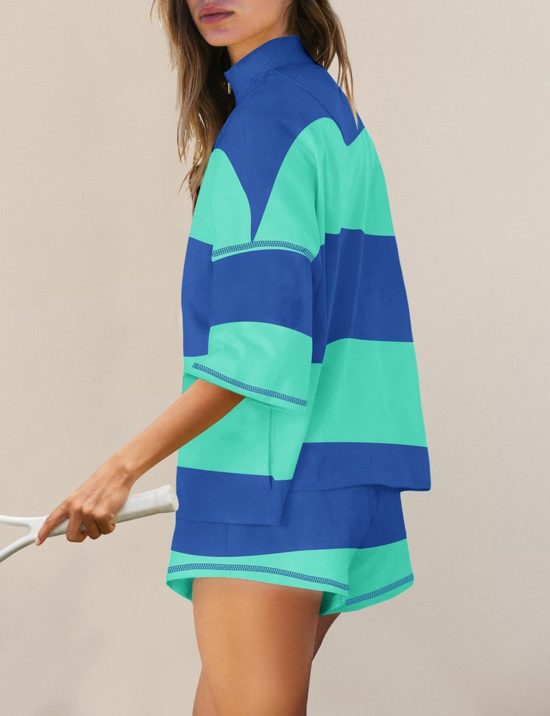 Panadila Women Striped Tracksuit Two Piece Outfit Workout Set Matching Lounge Set Top and Shorts Sets with Pockets(Blue Green,M) - Image 2