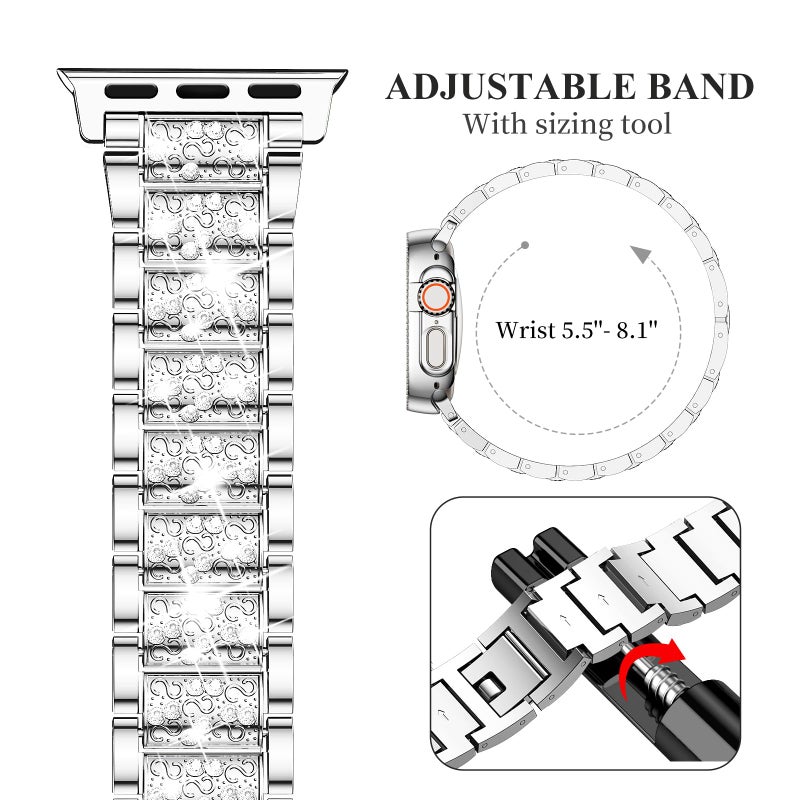 Mosonio Compatible with Apple Watch Band Ultra 49mm with Case Women, Jewelry Replacement Metal Wristband Strap with 2 Pack Bling PC Protective Cover for iWatch Ultra 49mm (Silver) - Image 5