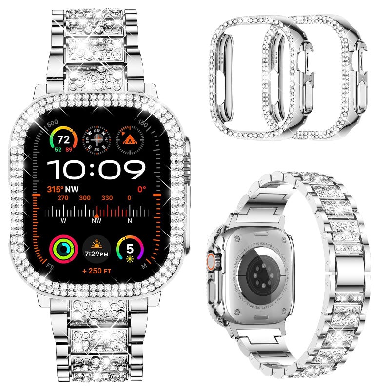Mosonio Compatible with Apple Watch Band Ultra 49mm with Case Women, Jewelry Replacement Metal Wristband Strap with 2 Pack Bling PC Protective Cover for iWatch Ultra 49mm (Silver) - Image 1