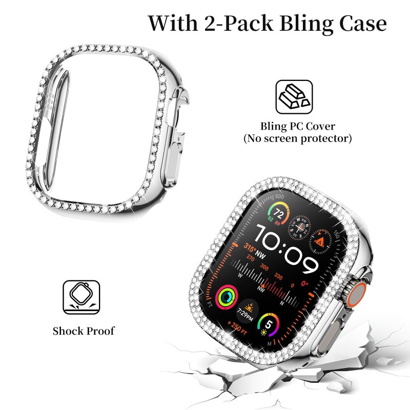 Mosonio Compatible with Apple Watch Band Ultra 49mm with Case Women, Jewelry Replacement Metal Wristband Strap with 2 Pack Bling PC Protective Cover for iWatch Ultra 49mm (Silver) - Image 4