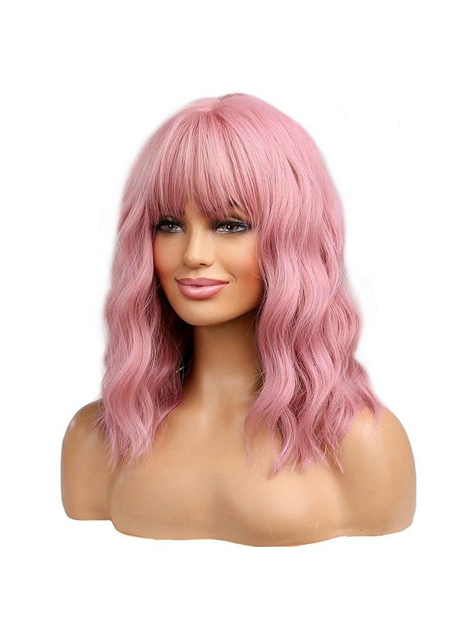 بيرون باروكة شعر مستعار وردية من بيرون للنساء والفتيات، بطول 14 بوصة، باروكة شعر مستعار صناعي قصير مجعد مع غرة، وردي جميل - Image 1