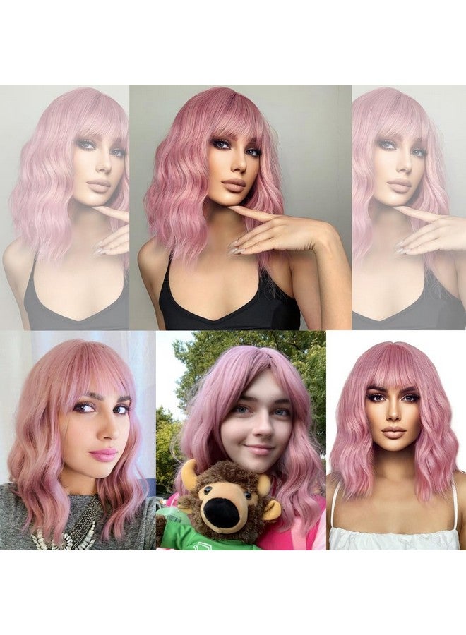 بيرون باروكة شعر مستعار وردية من بيرون للنساء والفتيات، بطول 14 بوصة، باروكة شعر مستعار صناعي قصير مجعد مع غرة، وردي جميل - Image 3