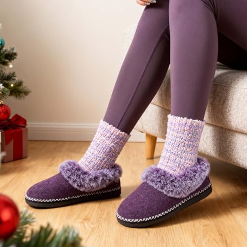 EverFoams Women's Bootie Slippers Warm Soft Comfy Memory Foam Non-slip Indoor House Shoes with Fluffy Collar (Purple, Size 7 M US) - Image 2