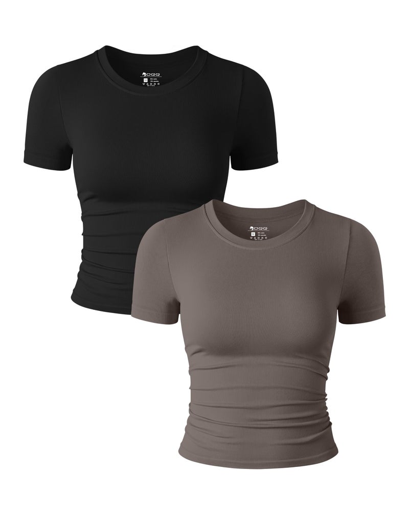 OQQ Womens 2 Piece Shirts Short Sleeve Crew Neck Ruched Stretch Fitted Tee Shirts Crop Tops Black Tea Leaf - Image 1