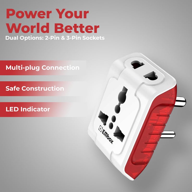 EMBOX مآخذ متعددة 3 دبابيس 240 فولت | محول متعدد مع مؤشر LED | يدعم المقابس 2 دبابيس و 3 دبابيس | مآخذ 3 دبابيس للأجهزة المنزلية والمكتبية | (عبوة من 3) - Image 2