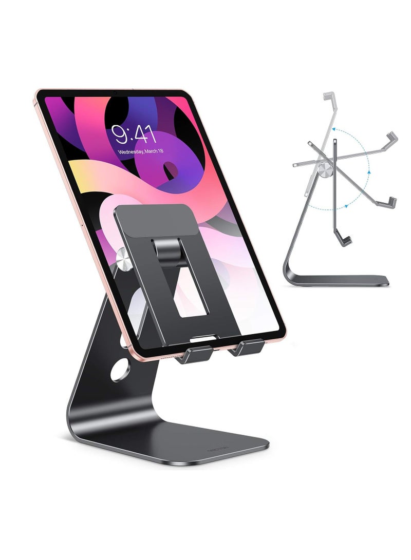 OMOTO Adjustable Tablet Stand for Desk, Upgraded Longer Arm for Great Stability, T2 Mobile Hollow Design for Large Phones and Tablets Like iPad Pro/Air/Mini, Black, Aluminum - Image 1