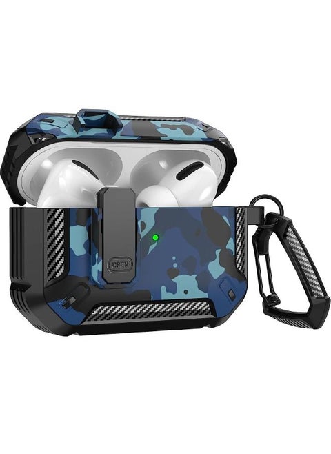 جراب Airpods Pro 2 2022 ، جراب Airpods Pro 2 مع قفل ، غلاف عسكري صلب مقاوم للصدمات مع سلسلة مفاتيح ، متوافق مع Apple Airpods Pro 2 2022 (أزرق كامو)