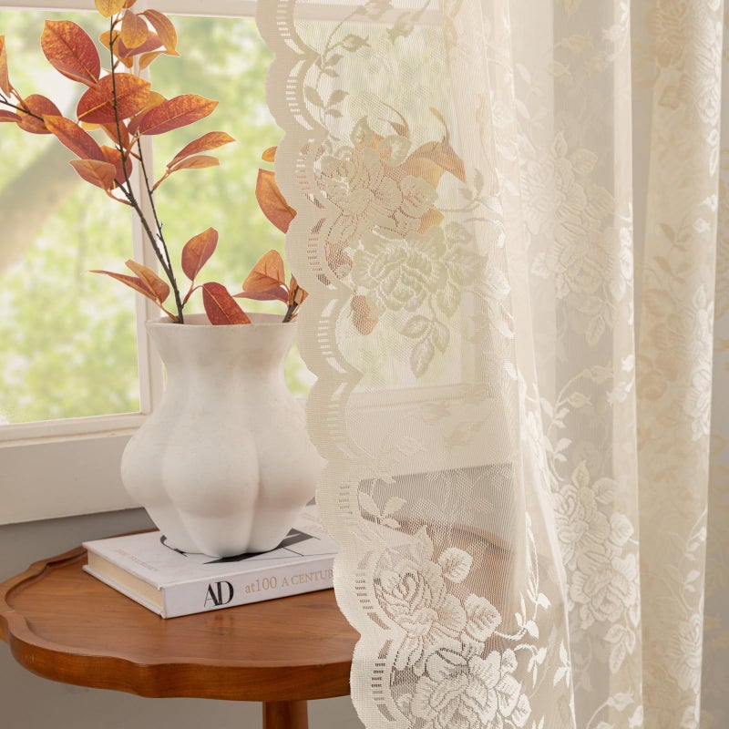 YJ YANJUN Beige Lace Curtains 84 inches Long Vintage Victorian Floral Sheer Drapes for Dining Living Room Bedroom, 2 Panels Rod Pocket Light Filtering French Country Cottage Core Decor W52 X L84 - Image 1