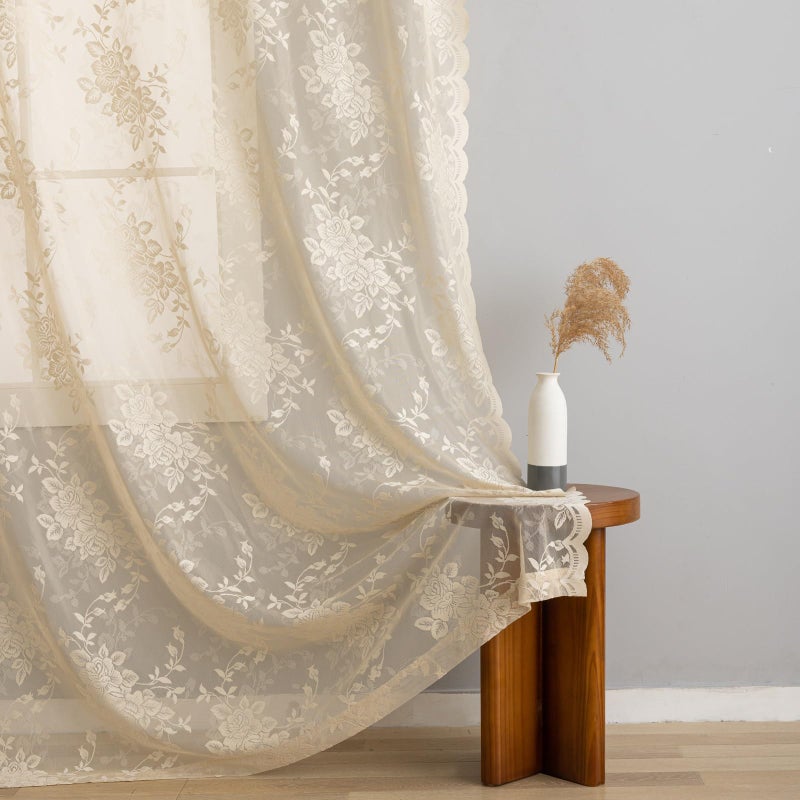 YJ YANJUN Beige Lace Curtains 84 inches Long Vintage Victorian Floral Sheer Drapes for Dining Living Room Bedroom, 2 Panels Rod Pocket Light Filtering French Country Cottage Core Decor W52 X L84 - Image 5