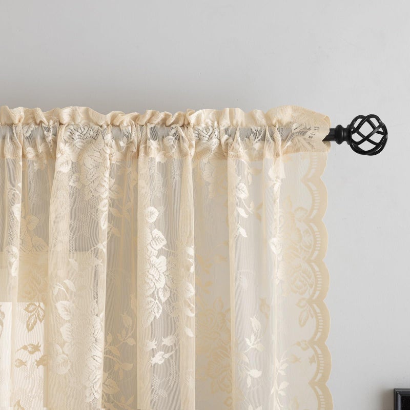YJ YANJUN Beige Lace Curtains 84 inches Long Vintage Victorian Floral Sheer Drapes for Dining Living Room Bedroom, 2 Panels Rod Pocket Light Filtering French Country Cottage Core Decor W52 X L84 - Image 3