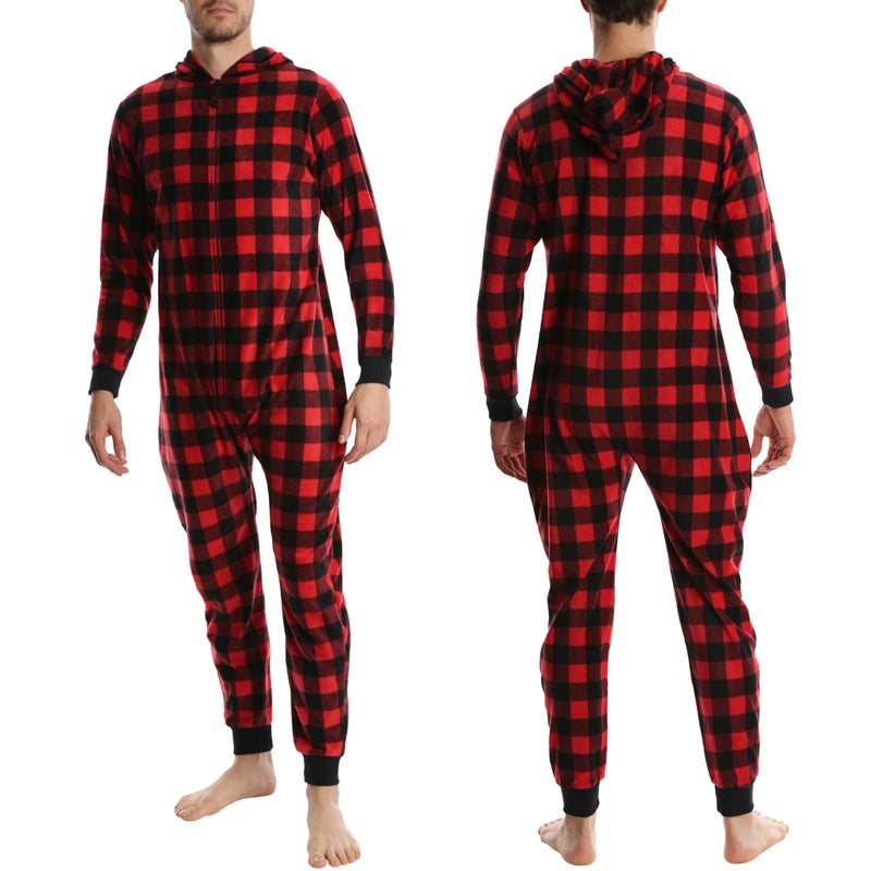 SLEEPHERO Menâ€™s Fleece Onesie â€“ Full Zip Hooded Union Suit â€“ Soft Adult One-Piece Year-Round Lounge Set Red Plaid Buffalo Check Medium - Image 1