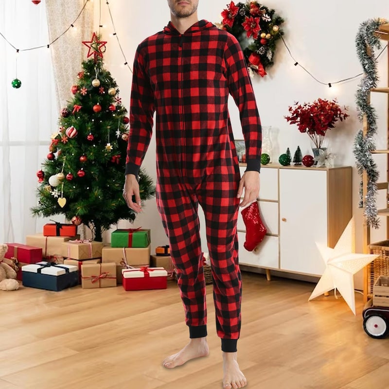 SLEEPHERO Menâ€™s Fleece Onesie â€“ Full Zip Hooded Union Suit â€“ Soft Adult One-Piece Year-Round Lounge Set Red Plaid Buffalo Check Medium - Image 2