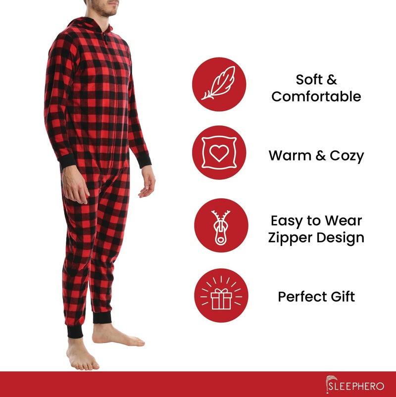 SLEEPHERO Menâ€™s Fleece Onesie â€“ Full Zip Hooded Union Suit â€“ Soft Adult One-Piece Year-Round Lounge Set Red Plaid Buffalo Check Medium - Image 3