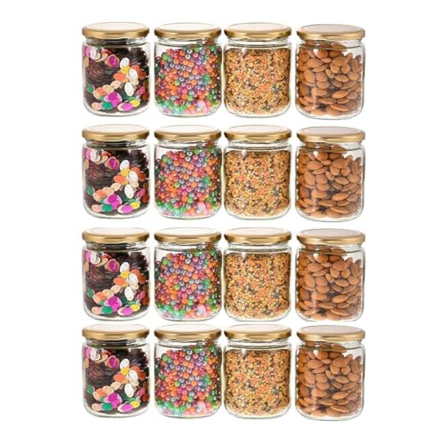 MACHAK Kitchen Storage Glass Jar With Rust Proof Air Tight Golden Cap, 500ml, Clear (16 Pc) - Image 1
