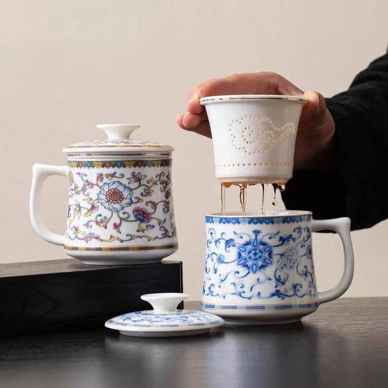 Chinese Style Tea Cup with Strainer, White Porcelain Personal Cup with Lid, Ceramic Home Drinkware, Vintage Blue and White Porcelain Tea Cup with Saucer and Cover, Luxury Household Cup with Lid, Jasmine & Green Tea Set Accessories - Gift Box of 2 - Image 3