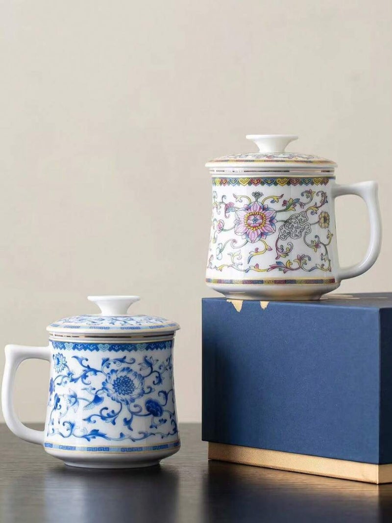 Chinese Style Tea Cup with Strainer, White Porcelain Personal Cup with Lid, Ceramic Home Drinkware, Vintage Blue and White Porcelain Tea Cup with Saucer and Cover, Luxury Household Cup with Lid, Jasmine & Green Tea Set Accessories - Gift Box of 2 - Image 2