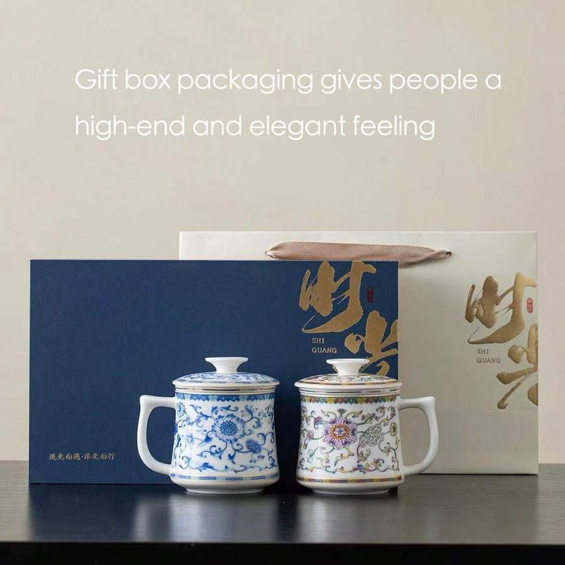 Chinese Style Tea Cup with Strainer, White Porcelain Personal Cup with Lid, Ceramic Home Drinkware, Vintage Blue and White Porcelain Tea Cup with Saucer and Cover, Luxury Household Cup with Lid, Jasmine & Green Tea Set Accessories - Gift Box of 2 - Image 1