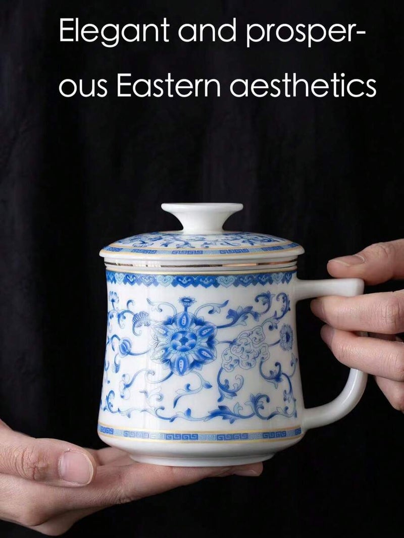 Chinese Style Tea Cup with Strainer, White Porcelain Personal Cup with Lid, Ceramic Home Drinkware, Vintage Blue and White Porcelain Tea Cup with Saucer and Cover, Luxury Household Cup with Lid, Jasmine & Green Tea Set Accessories - Gift Box of 2 - Image 4