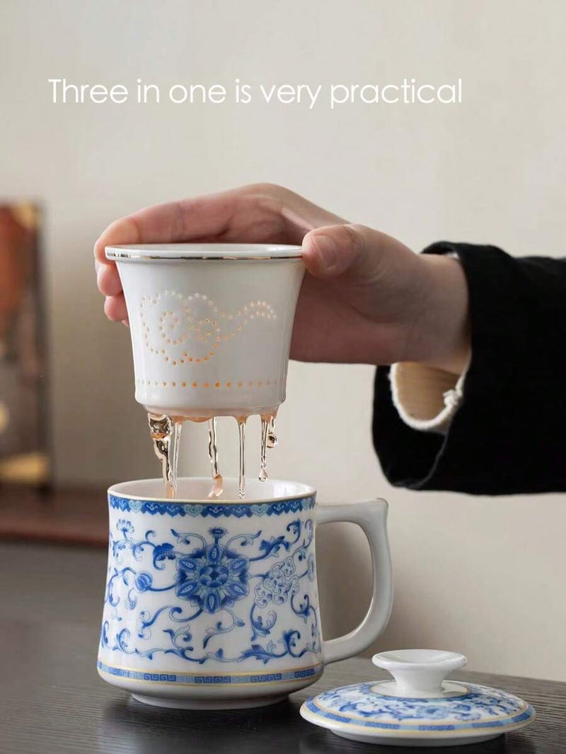 Chinese Style Tea Cup with Strainer, White Porcelain Personal Cup with Lid, Ceramic Home Drinkware, Vintage Blue and White Porcelain Tea Cup with Saucer and Cover, Luxury Household Cup with Lid, Jasmine & Green Tea Set Accessories - Gift Box of 2 - Image 5
