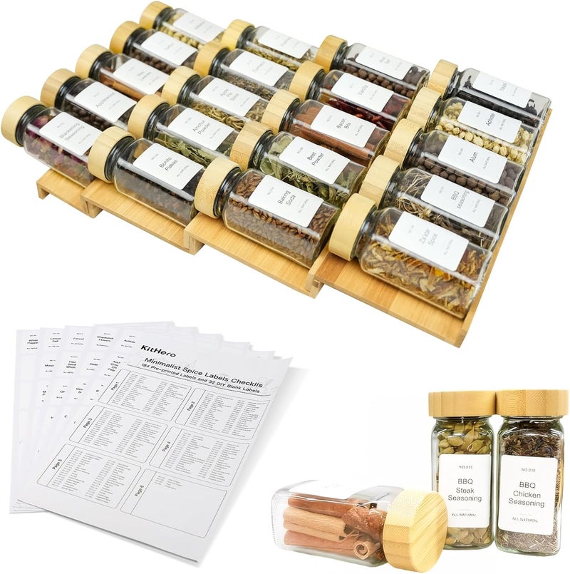 KitHero Spice Drawer Organizer with 20 Bamboo-lidded Spice Jars,216 Labels,25 Non-slip Rubber, Bamboo 4 Tier Seasoning Rack Tray Insert for Kitchen Drawers,Cabinets,Countertop,11" Wide x 15.8" Deep - Image 1