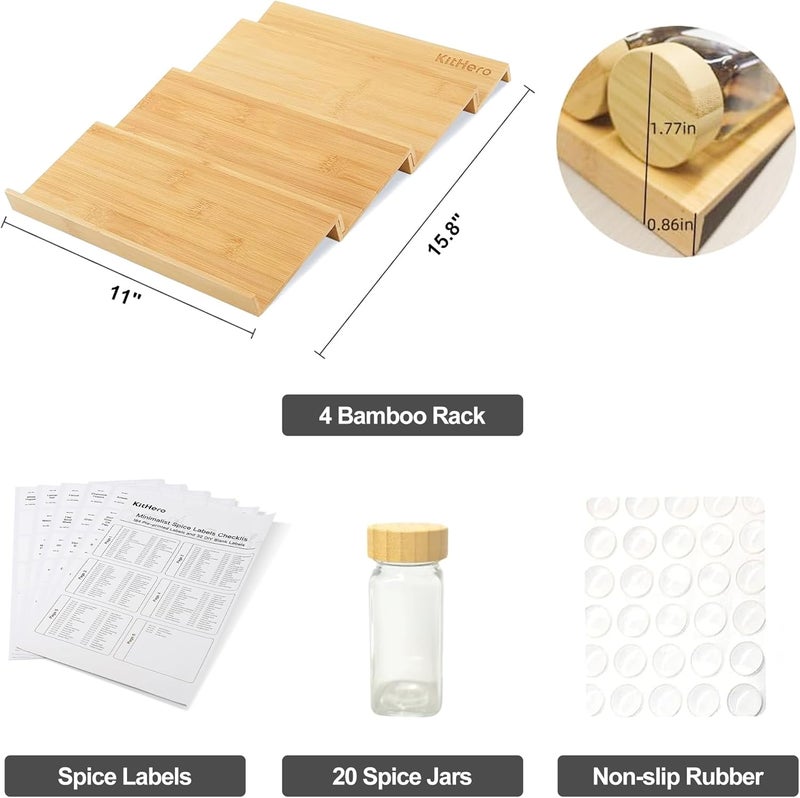 KitHero Spice Drawer Organizer with 20 Bamboo-lidded Spice Jars,216 Labels,25 Non-slip Rubber, Bamboo 4 Tier Seasoning Rack Tray Insert for Kitchen Drawers,Cabinets,Countertop,11" Wide x 15.8" Deep - Image 4