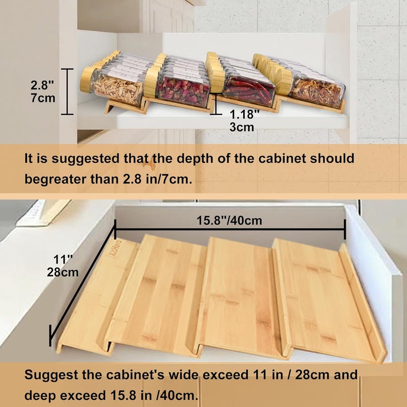 KitHero Spice Drawer Organizer with 20 Bamboo-lidded Spice Jars,216 Labels,25 Non-slip Rubber, Bamboo 4 Tier Seasoning Rack Tray Insert for Kitchen Drawers,Cabinets,Countertop,11" Wide x 15.8" Deep - Image 3