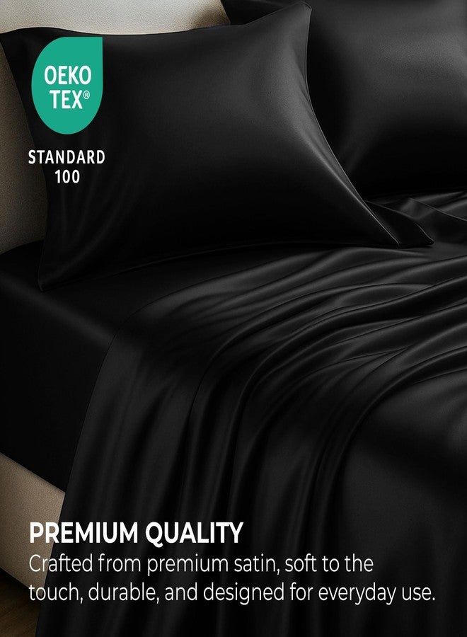 Pure Bedding Satin Sheets Queen [4-Piece, Black] Hotel Luxury Silky Bed Sheets - Extra Soft 1800 Microfiber Sheet Set, Wrinkle, Fade, Deep Pocket Fitted Sheet, Flat Sheet, Pillow Cases - Image 2