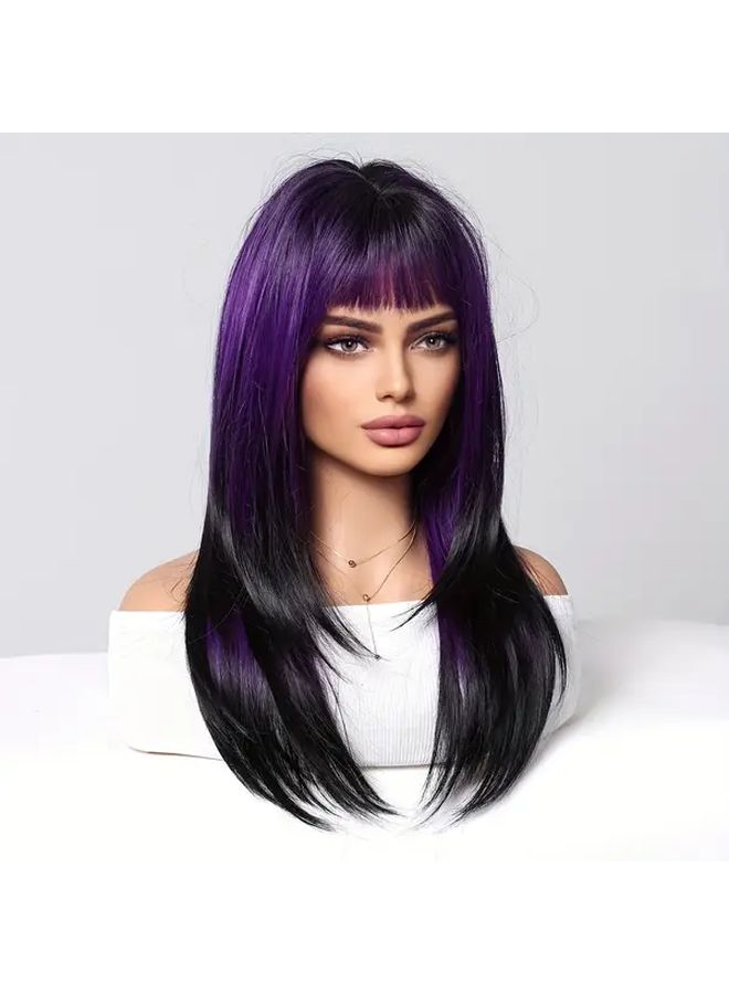 Gradient Purple Straight Wig With Bangs 22 Inch Synthetic Hair Rose Net Cap - Image 2