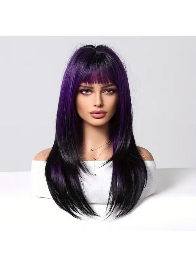 Gradient Purple Straight Wig With Bangs 22 Inch Synthetic Hair Rose Net Cap - Image 3