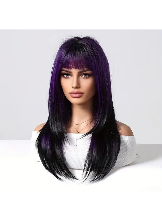 Gradient Purple Straight Wig With Bangs 22 Inch Synthetic Hair Rose Net Cap - Image 5