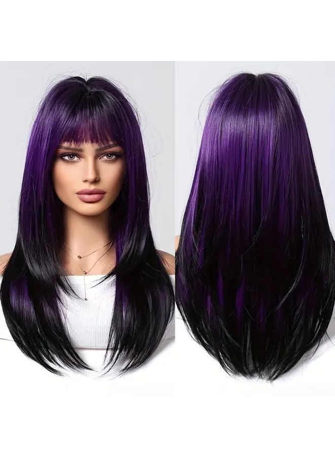 Gradient Purple Straight Wig With Bangs 22 Inch Synthetic Hair Rose Net Cap - Image 1