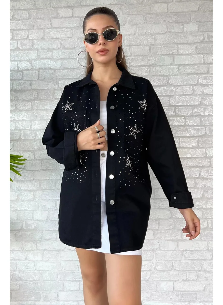 Gülseli Rose Double Pocket Stoned Denim Jean Jacket