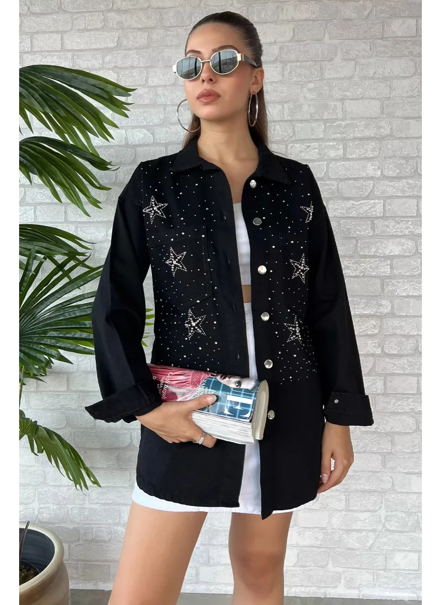 Gülseli Rose Double Pocket Stoned Denim Jean Jacket