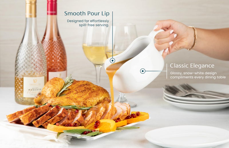 Kook Gravy Boat & Saucer, 17 oz, Ceramic Serving Dish, Dispenser with Tray for Sauces, Dressings and Creamer, Large Handle, Microwave and Dishwasher Safe, White (Classic Gravy Boat) - Image 2