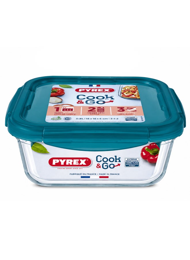 بيريكس Pyrex Cook&Go 0.8L Square Glass Food Storage Container with Airtight Green Lid, Borosilicate Glass Meal Prep Dish, Freezer to Oven Safe, Stackable Storage Solution - Image 1