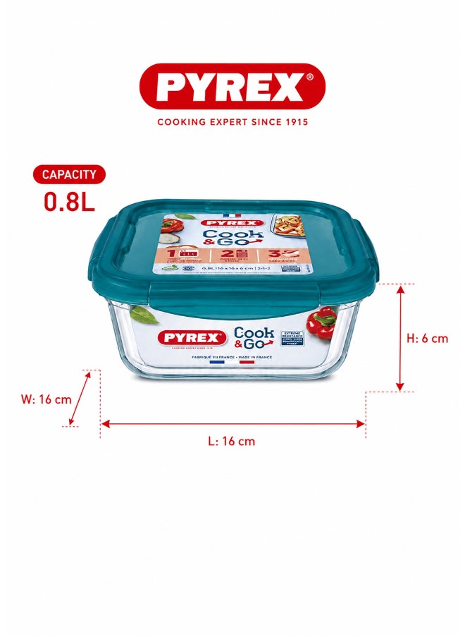 بيريكس Pyrex Cook&Go 0.8L Square Glass Food Storage Container with Airtight Green Lid, Borosilicate Glass Meal Prep Dish, Freezer to Oven Safe, Stackable Storage Solution - Image 2