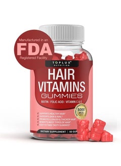Toplux Hair Vitamins Gummies Supplement – Faster Hair Growth Gummy 5000mcg Biotin, Folic Acid, Vitamin C & E, Support Stronger & Thicker Hair, Skin, Nails, Non-GMO, for Men Women, 60 Berry Flavored Gummies  - Image 1