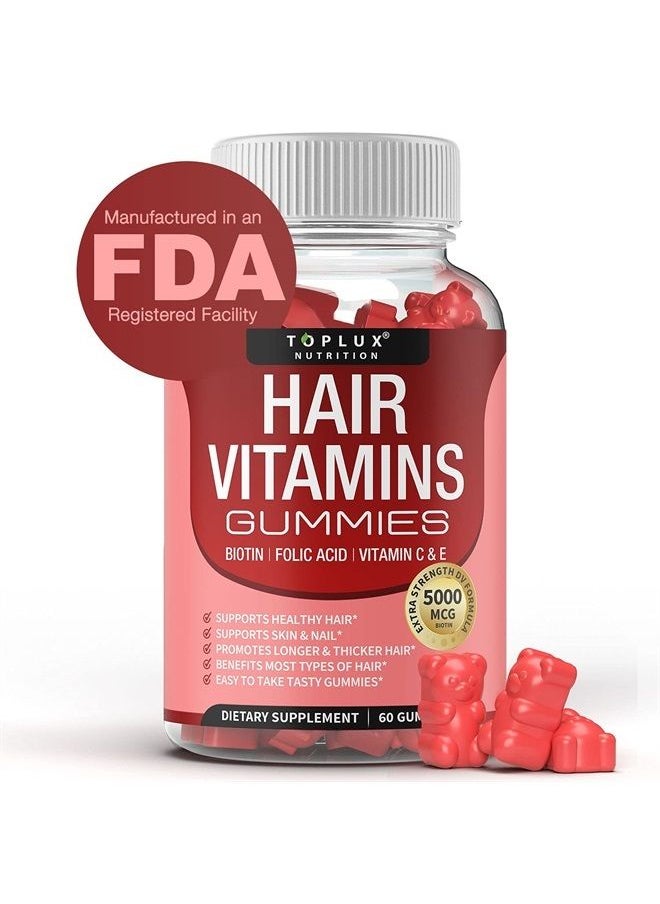 Toplux Hair Vitamins Gummies Supplement – Faster Hair Growth Gummy 5000mcg Biotin, Folic Acid, Vitamin C & E, Support Stronger & Thicker Hair, Skin, Nails, Non-GMO, for Men Women, 60 Berry Flavored Gummies  - Image 1