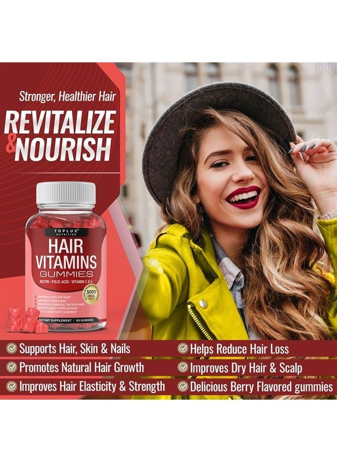 Toplux Hair Vitamins Gummies Supplement – Faster Hair Growth Gummy 5000mcg Biotin, Folic Acid, Vitamin C & E, Support Stronger & Thicker Hair, Skin, Nails, Non-GMO, for Men Women, 60 Berry Flavored Gummies  - Image 3
