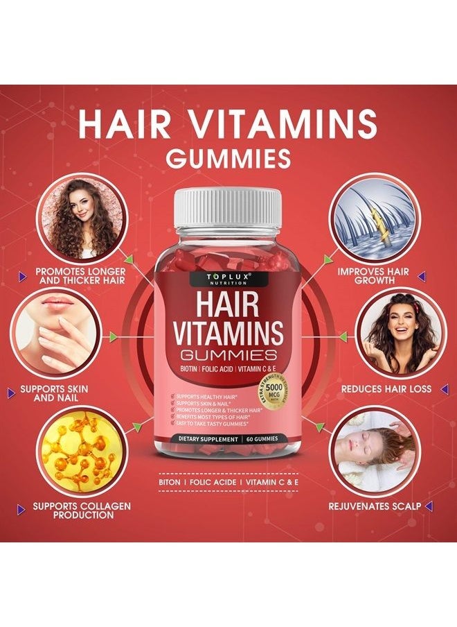 Toplux Hair Vitamins Gummies Supplement – Faster Hair Growth Gummy 5000mcg Biotin, Folic Acid, Vitamin C & E, Support Stronger & Thicker Hair, Skin, Nails, Non-GMO, for Men Women, 60 Berry Flavored Gummies  - Image 2
